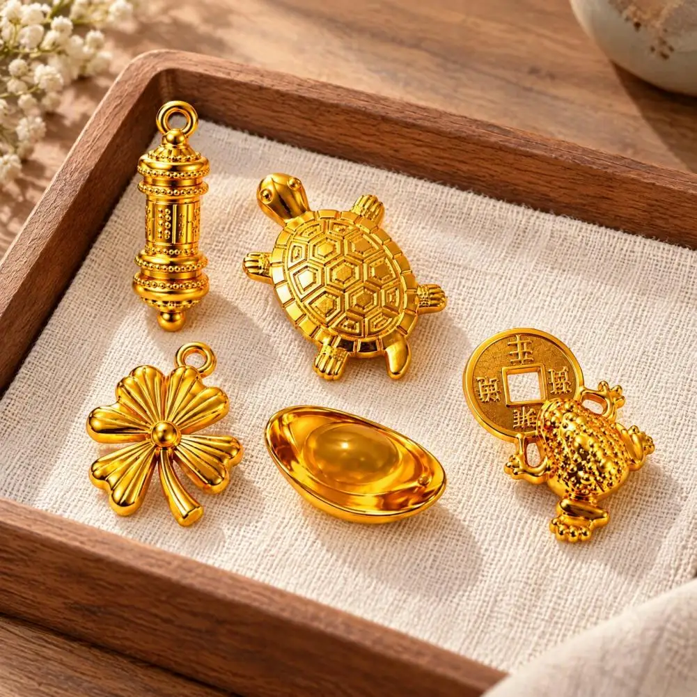 Good Fortune Charm 5pcs Golden Turtle Charm Set Four-leaf Clover Ingot Prayer Wheel Money Frog Symbolic Charms for Fortune