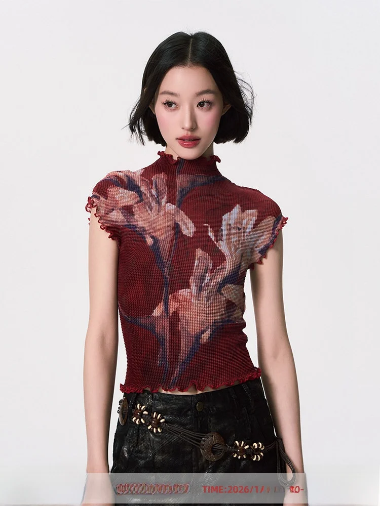 

Оригинальная иллюстрация ort Sve Футболка узкого кроя с высоким воротником Yang Er Da Meng Повседневный летний топ с мятым принтом лилии