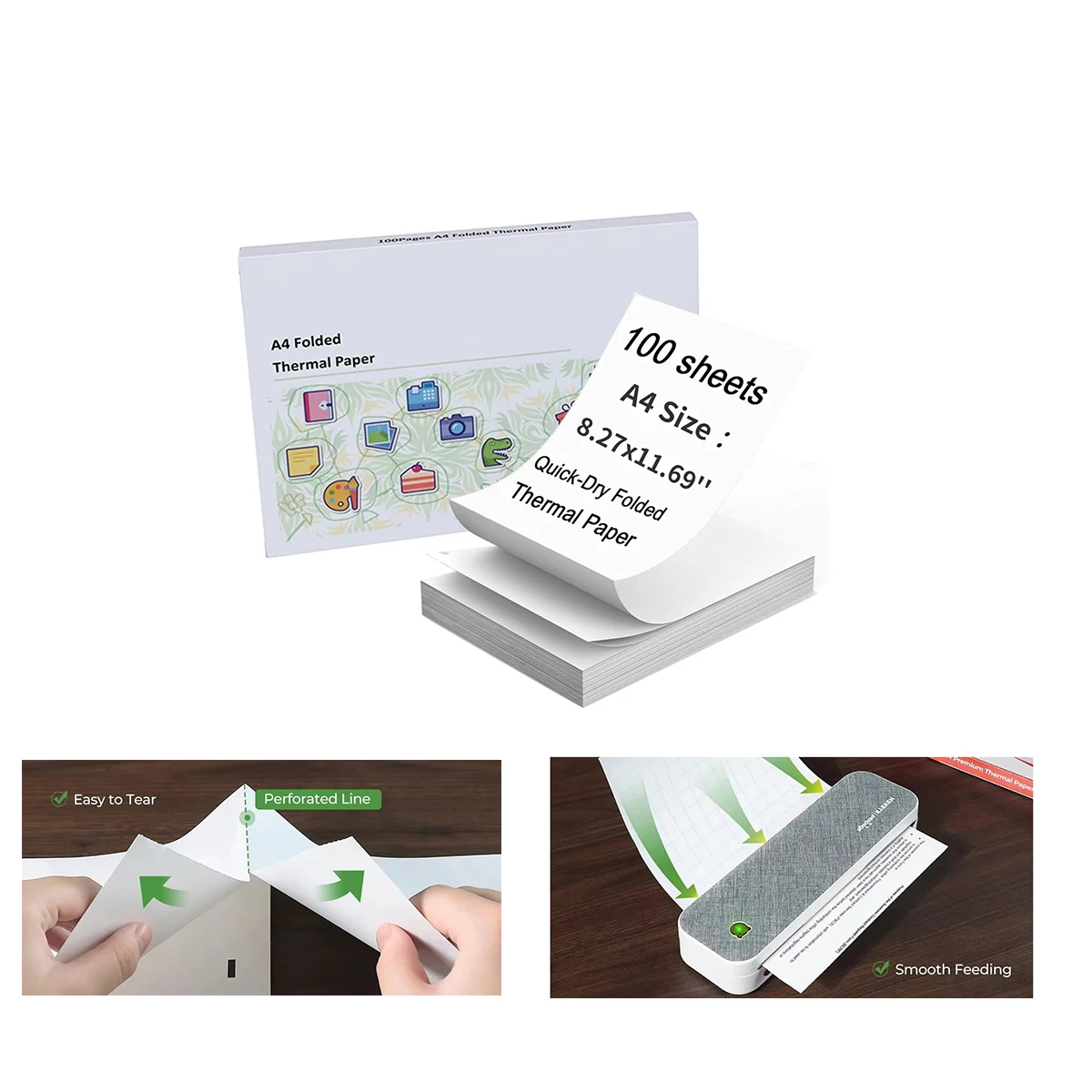 100 Blatt A4 Thermopapier, gefaltetes Endlospapier 210x297mm, leicht abreißbar, perforiert, passend für M08F & A4 tragbare drahtlose Drucker