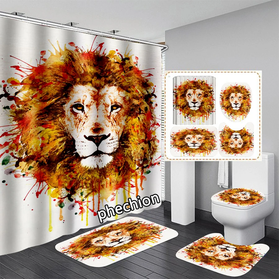 phechion New Fashion 3D Print Animal Lion Shower Curtain Waterproof Bathroom Curtain Anti-slip Bath Mat Set Toilet Rugs VR272