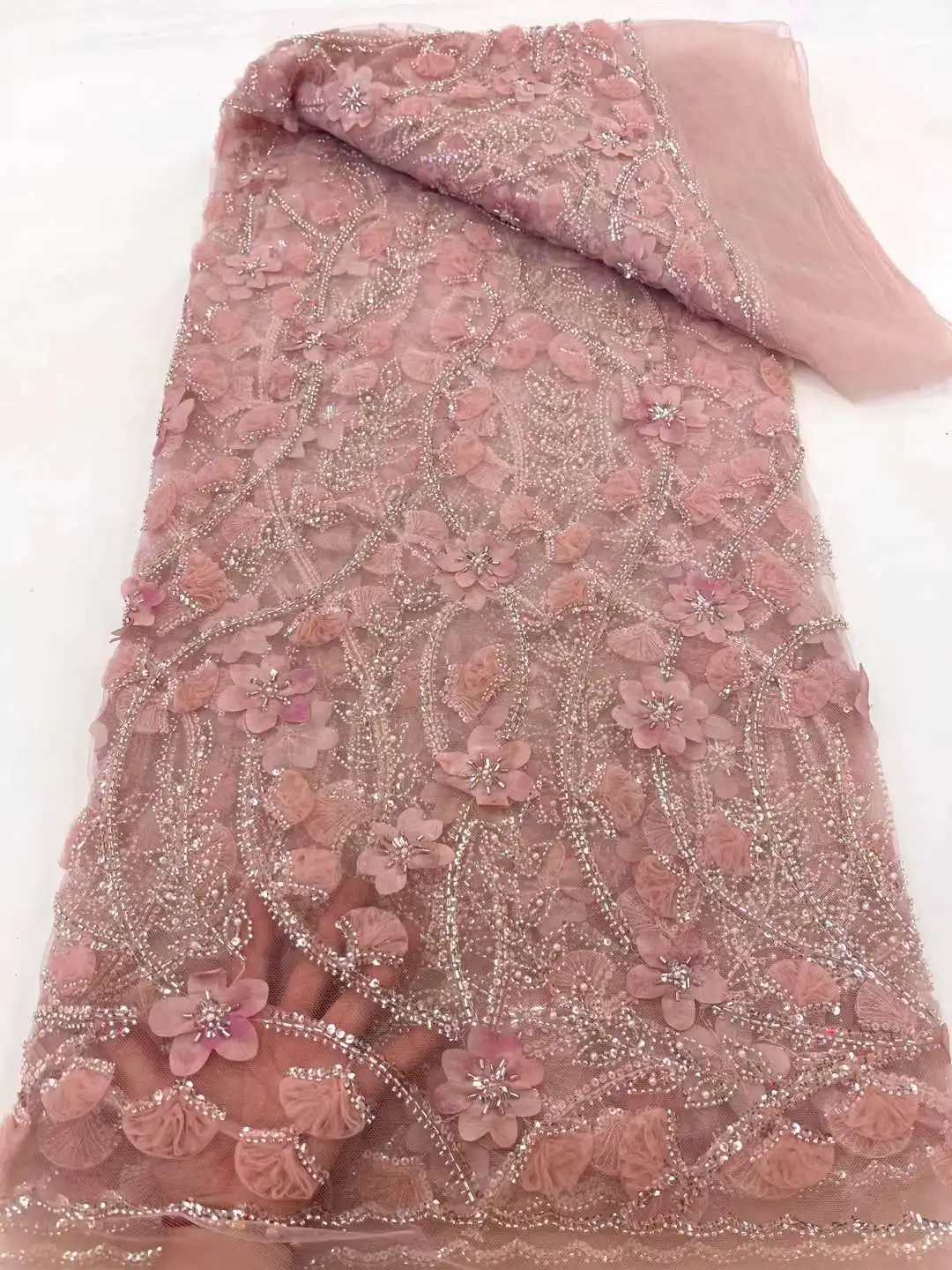 

Pink Sequins Lace Fabric 2024 High Quality Groom Embroidery Beaded Nigerian French Tulle Lace Material for Wedding Dress