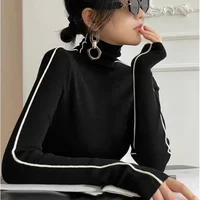 Fashion Turtleneck Pullovers Women 2023 New Autumn and Winter Slim Fit Long Sleeved Top Elegant Office Lady Sweaters Black White 3