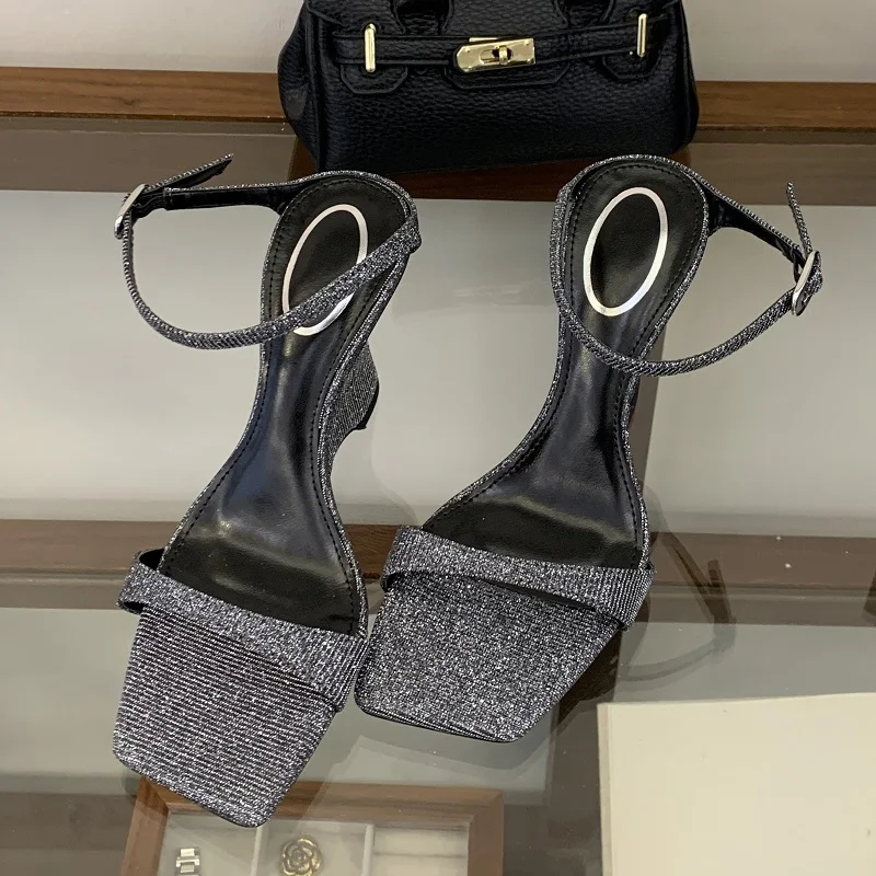 

Eilyken Designer Denim Buckle Strap Wedges High Heels Women Slippers Summer Fashion Square Toe Party Slide Shoes