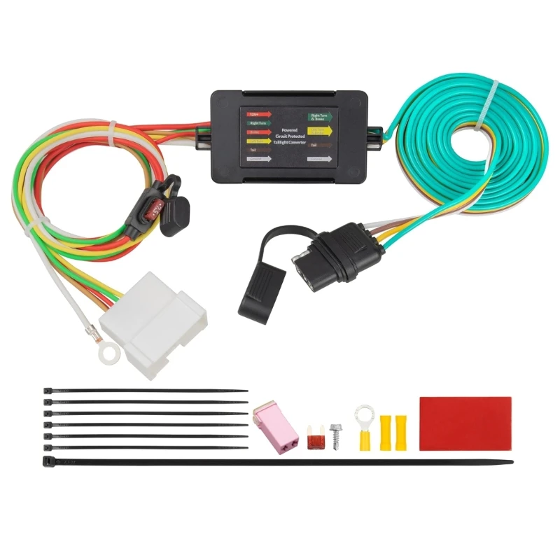 D5BE 56291 4 Way Flat Trailer Wiring Harness with Powered Converter Box, Socket Fit Tow Wire for Brake Turn Tail Light Use