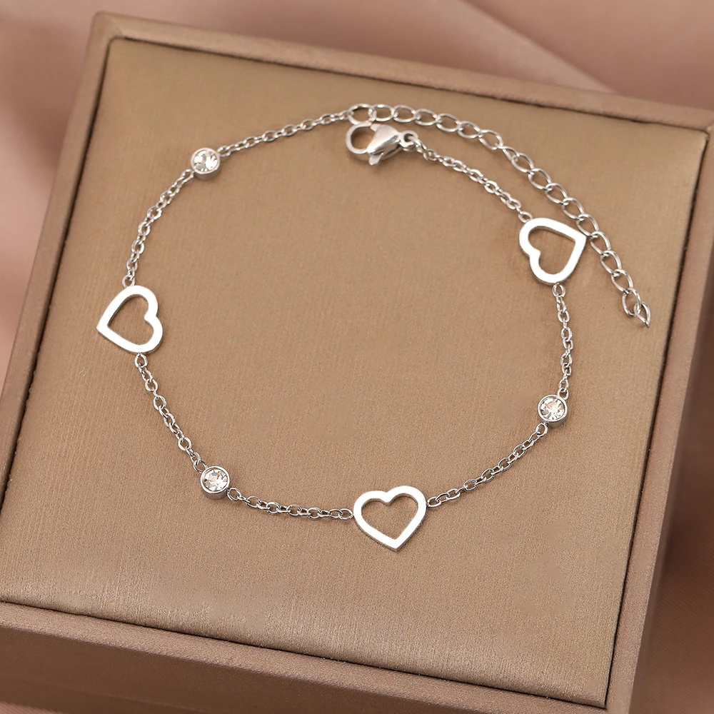 Stainless Steel Bracelets Exquisite Elegant Crystal Zircon Hollow Heart Charm Chain Trendy Bracelet For Women Jewelry New Gifts