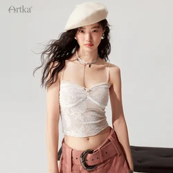 ARTKA 2023 Early Autumn New Women Tops Elegant Sexy High Elastic Lace Embroidery Camisole Sleeveless Short Mesh Top BA92231Q