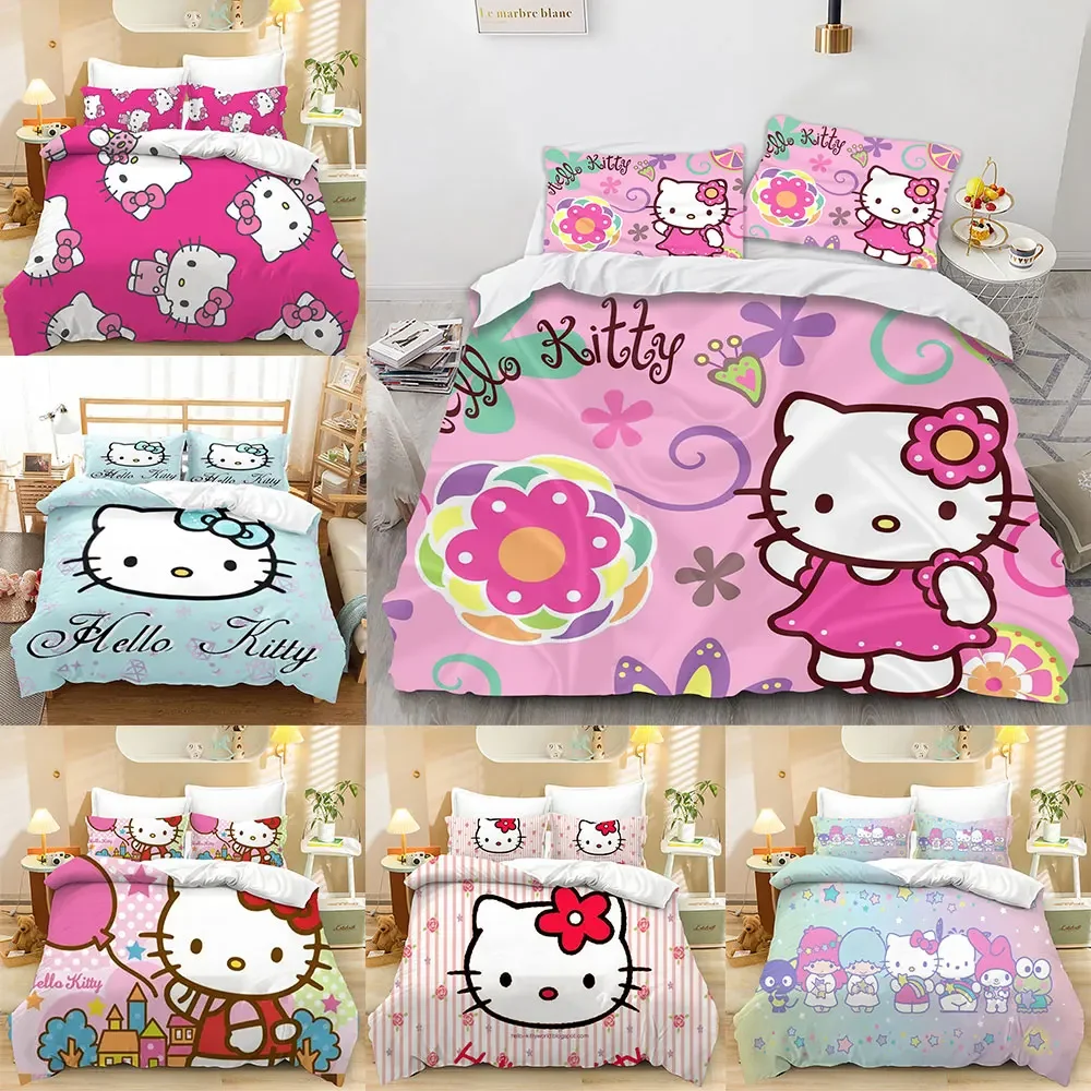 

Kawaii Hello Kitty Bedding Sets Comforter Quilt Bed Cover Duvet Cover Pillow Case 2-3 Pieces Sets Kids Adult Size