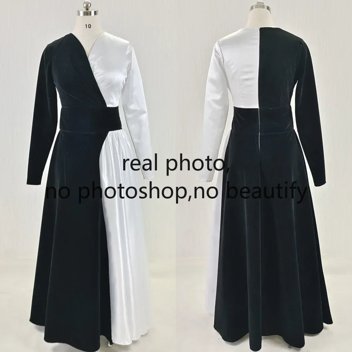 Maßgeschneidertes echtes Foto-Abendkleid, schwarzes Flanell, weißer Satin, V-Ausschnitt, volle Ärmel, A-Linie, bodenlang, Übergröße, Damen-Partykleid