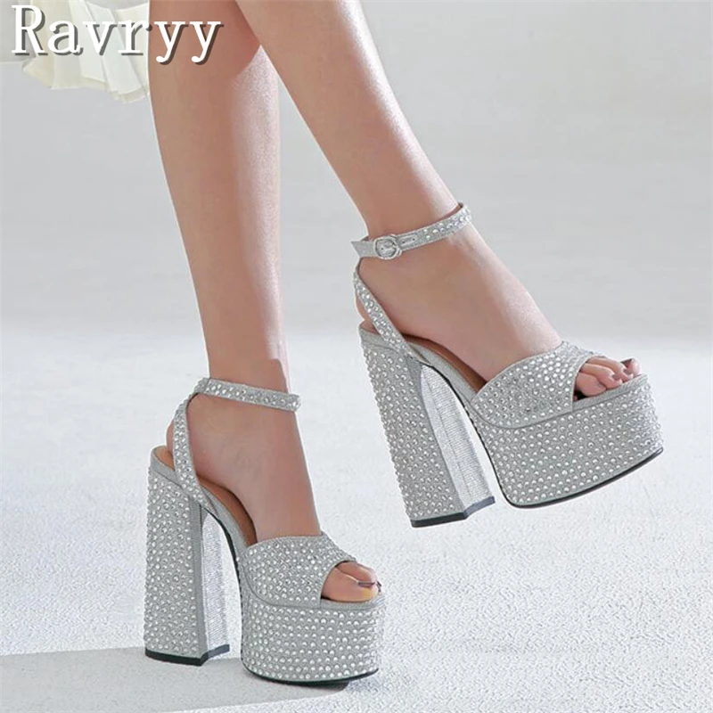 Crystal Platform Sandals Summer New Peep Toe Super High Heels Wedding Shoes Women Sexy Party Thick Bottom Chunky Sandals