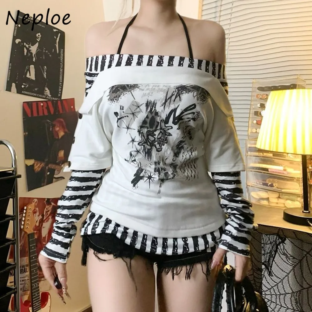 Neploe Europe Slim Simple Casual Commuter T-shirt Slash Neck Minority Y2K Stripe Patchwork Shirt Goth Off Shoulder Fairycore Top