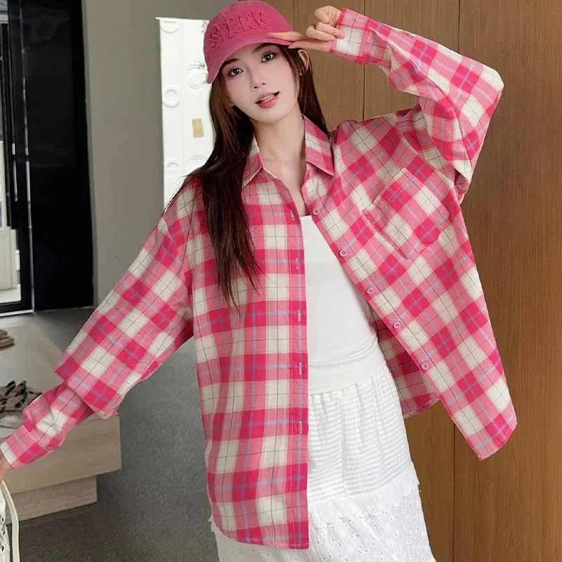 2025 Nuova camicia a quadri per donna Primavera Autunno Streetwear Camicette a maniche lunghe alla moda Camicia a quadretti casual allentata in cotone da donna