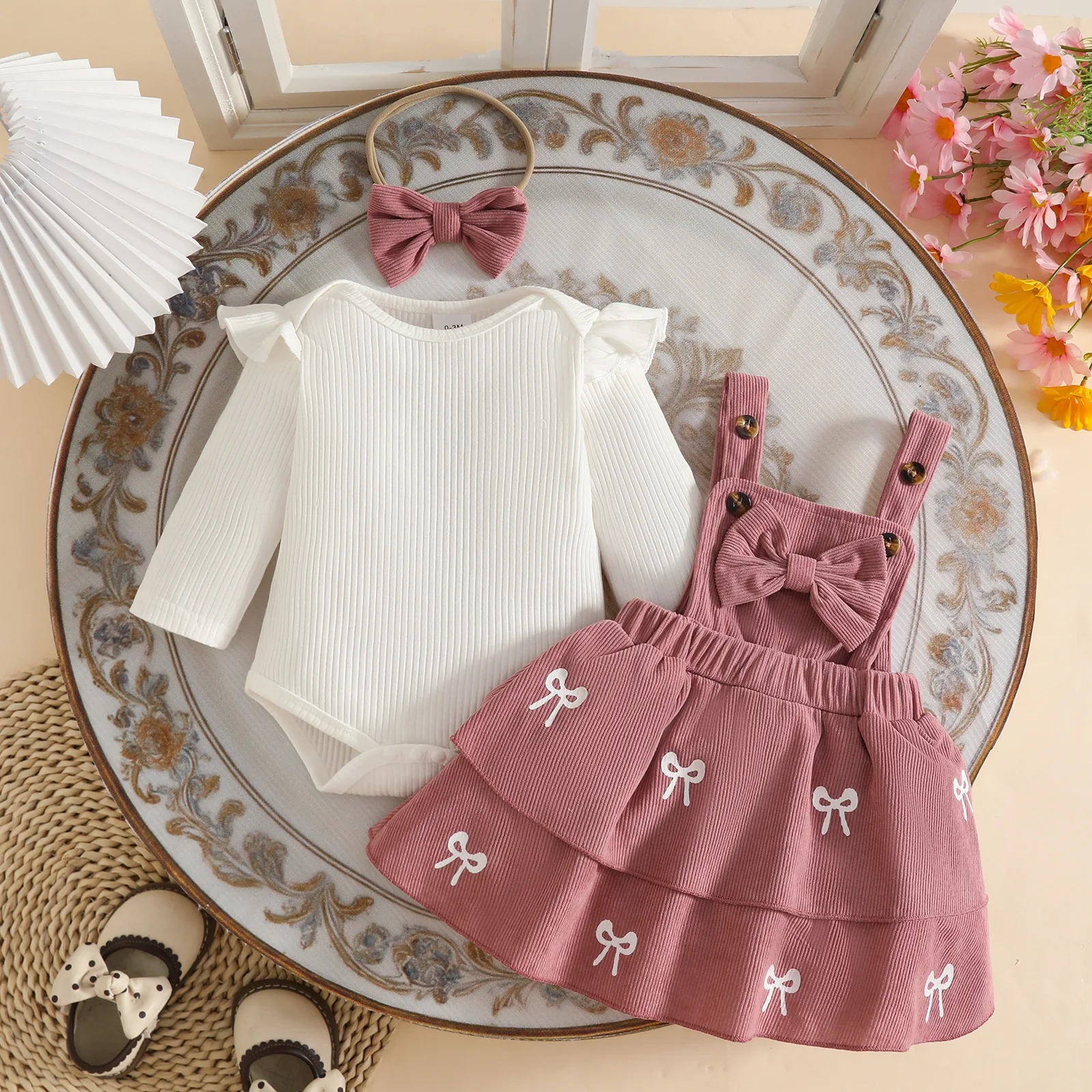 0-2Y Baby Girls Autumn 2Pcs Set White Ribbed Bodysuit With Overall Dress Bow Decor Newborn Suspender Sweet Clothes