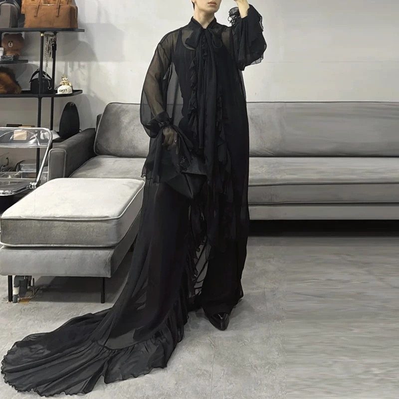 

INCERUN Мужская длинная стильная рубашка с однотонными рюшами на шнуровке, прозрачная шифоновая мужская одежда, уличная одежда, вечерние рубашки унисекс нестандартной формы