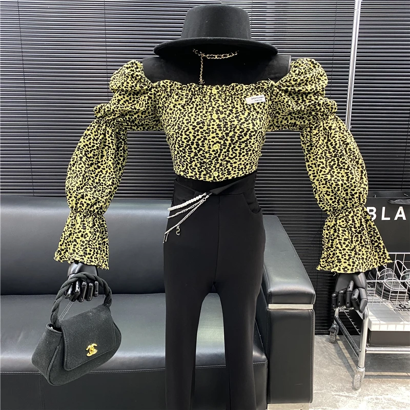 

New 2022 fashion Designer new style Famous brand off shoulder square neck sleeve off waist blouse Leopard Print top