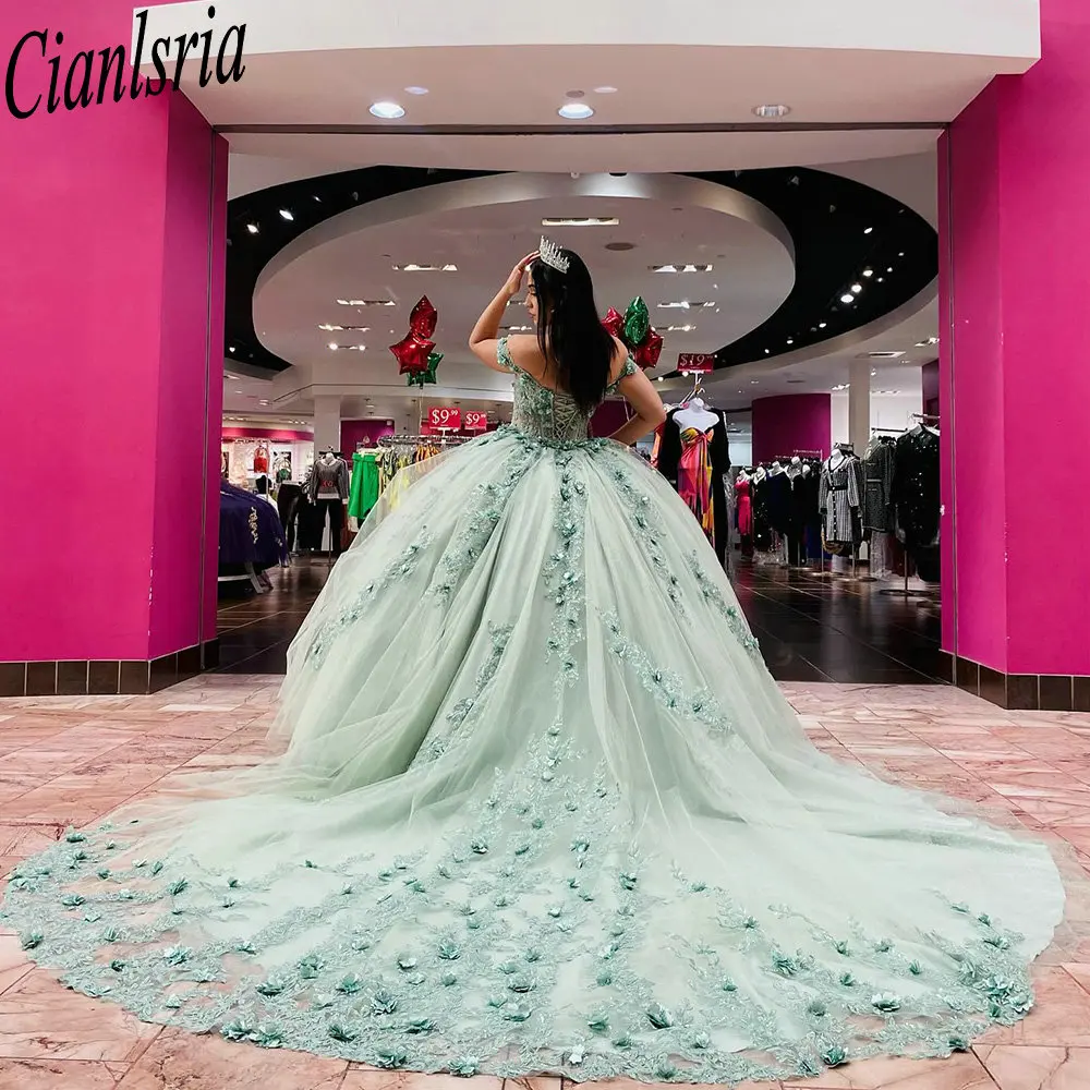 Vestido De baile verde menta con hombros descubiertos, quinceañera, Apliques De encaje, flores 3D, corsé, 15 Años