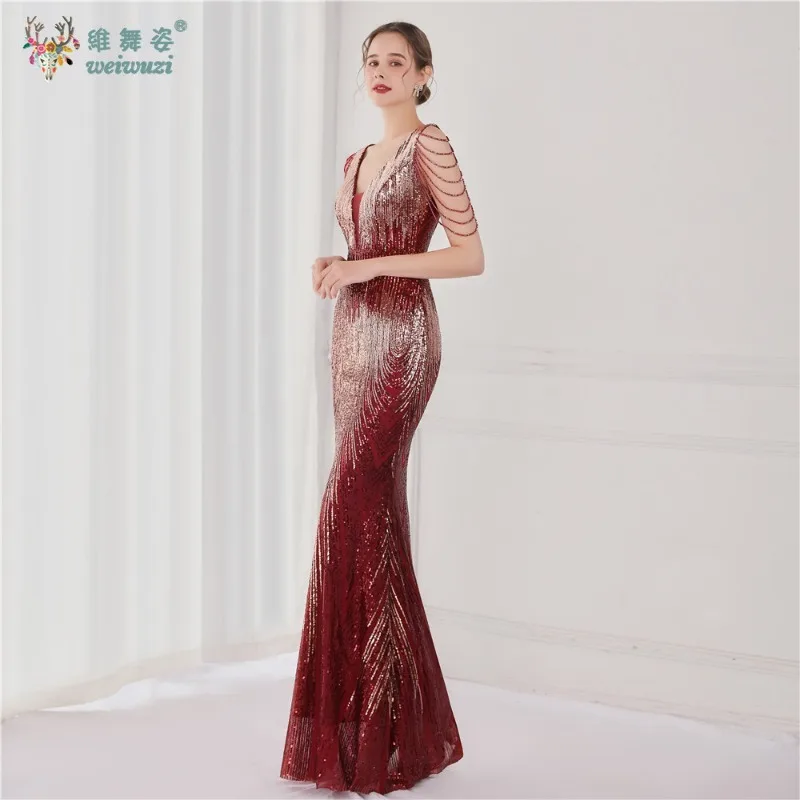 큰 사이즈 스팽글 비즈 자수 정장 이브닝 드레스 섹시한 딥 브이넥 민소매 비즈 슬리밍 머메이드 이브닝 드레스