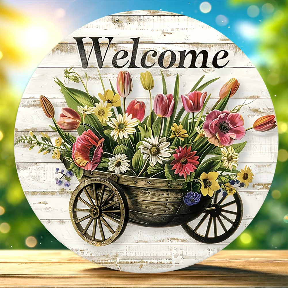 Charming 7.9-inch round imitation wooden welcome sign with floral pattern-perfect for home, room, holiday and coffee shop