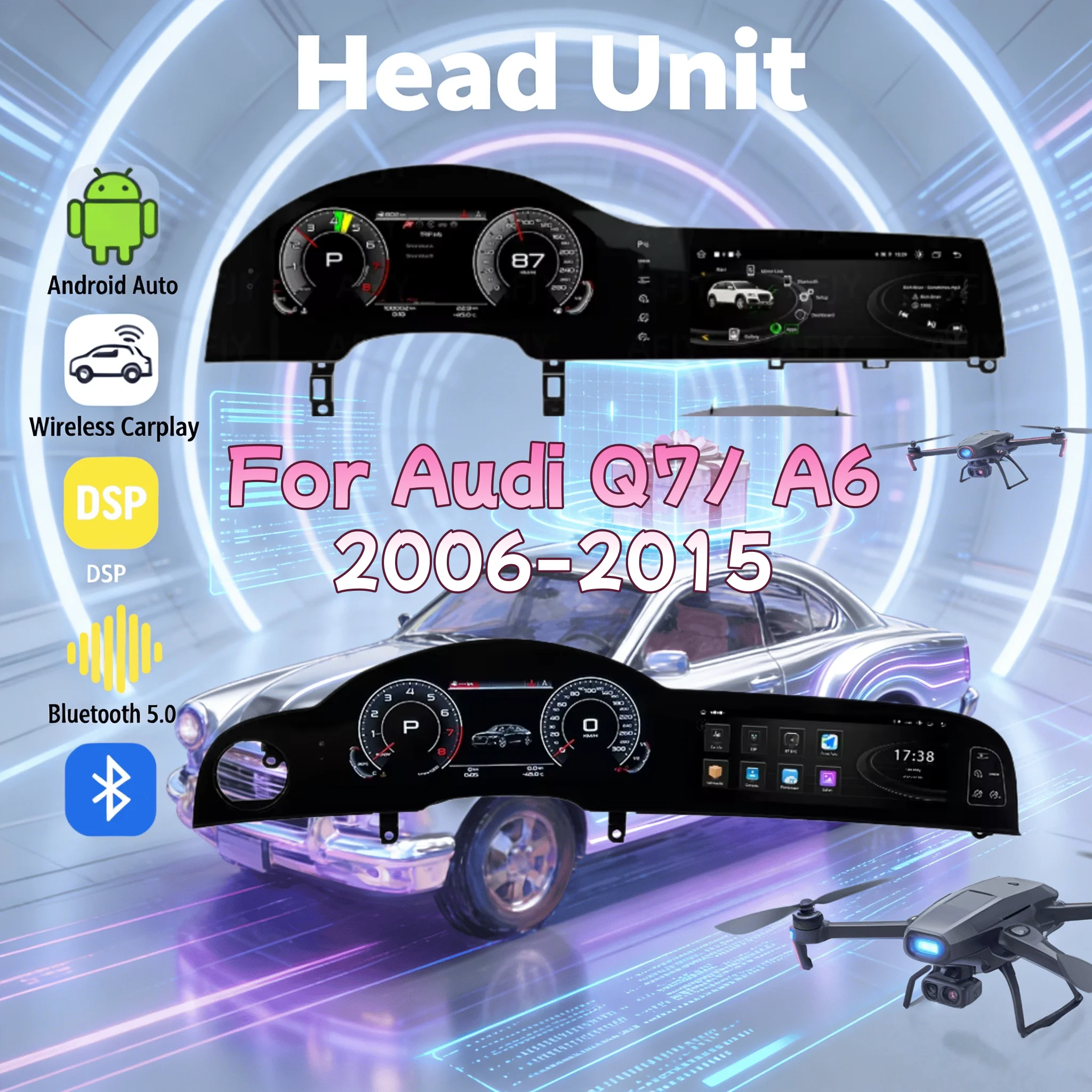 Android 13 Car Stereo Multimedia Player For Audi Q7/ A6 2006-2015 Dual Screen Digital Cluster GPS Map Auto Radio Carplay BT 5.0