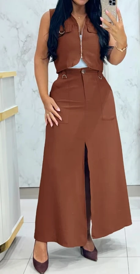 

Casual Two - Piece Outfit: Sleeveless Zipper Front Metal Decor Crop Vest with High - Slit Maxi Skirt