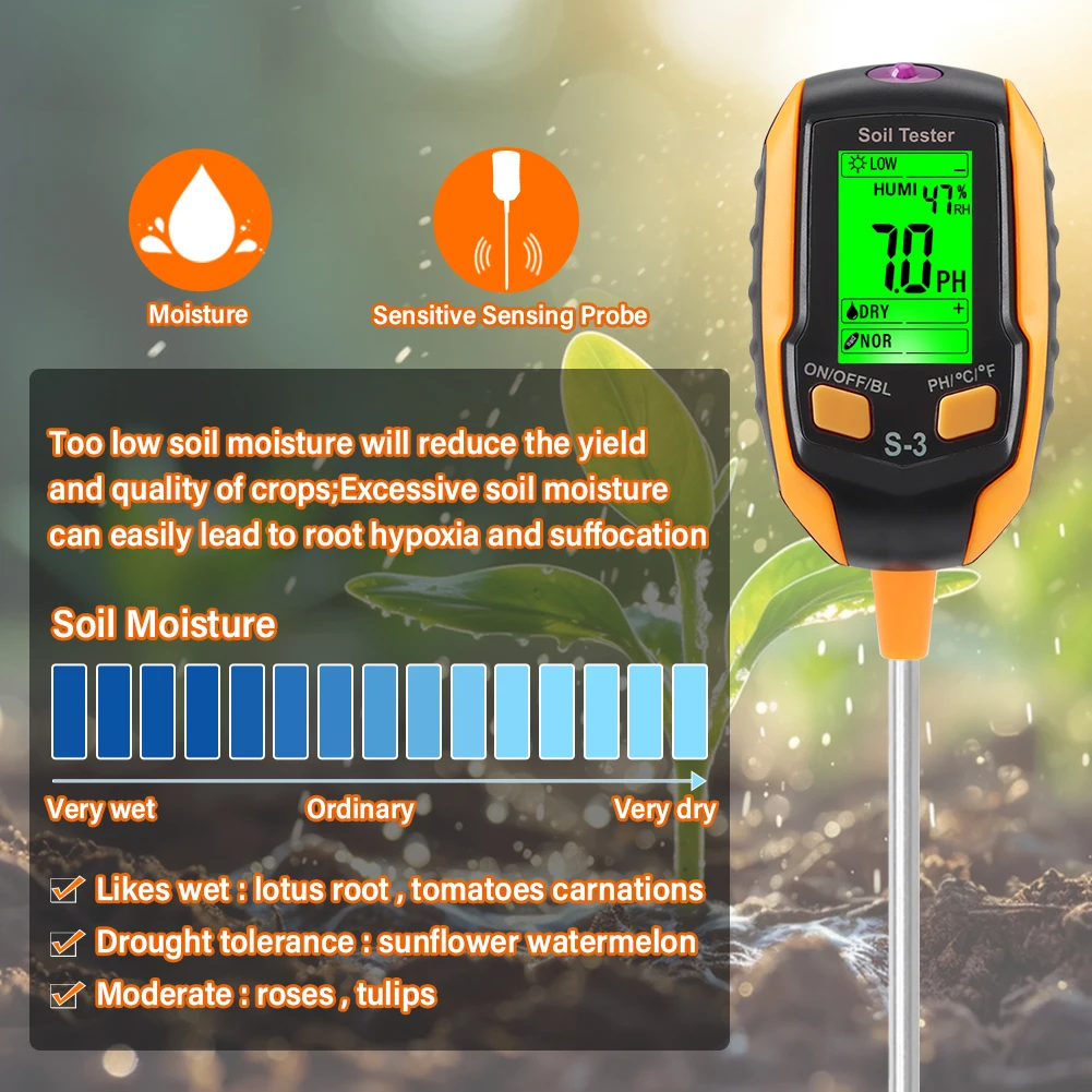 Yieryi 6 IN 1 Soil PH Meter Farm Garden Soil Humidity Salinity TEMP Tester lllumination Ambient Humidity Test Detector Monitor