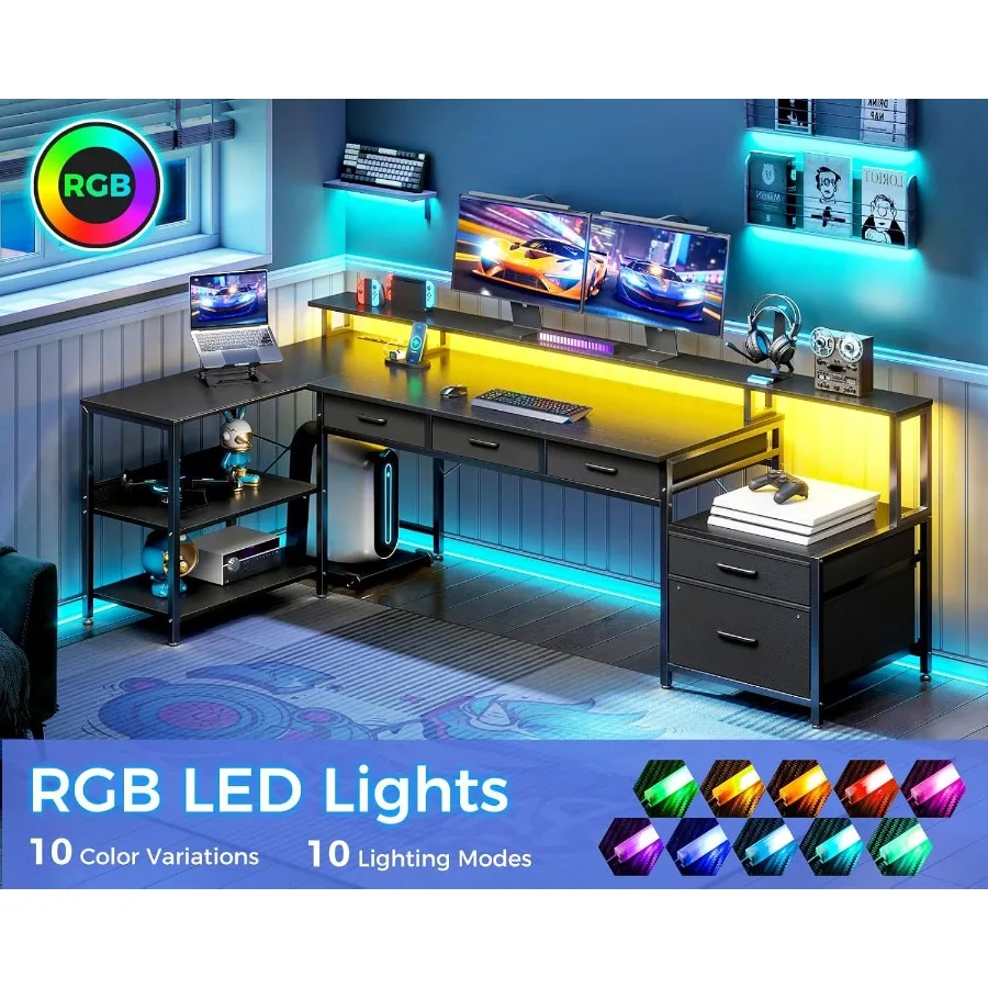 L Shaped Desk with 5 File Drawers 75 Reversible L Shaped Computer Desk with Power Outlet LED Strip Office Desk with Storage She