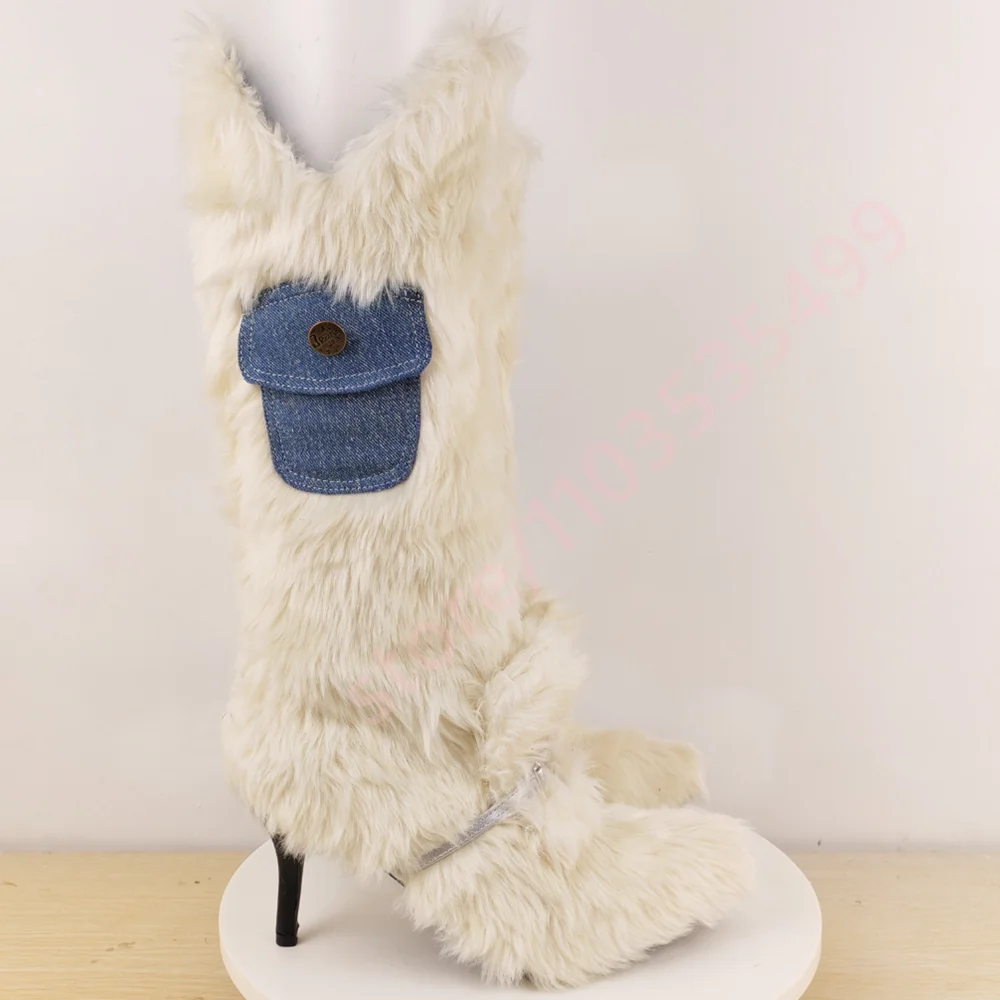 Winter Fashion Plush Pocket Boots 2025 New Street Style Sexy Ladies Party Catwalk Boots White Casual Stiletto Warm Boots