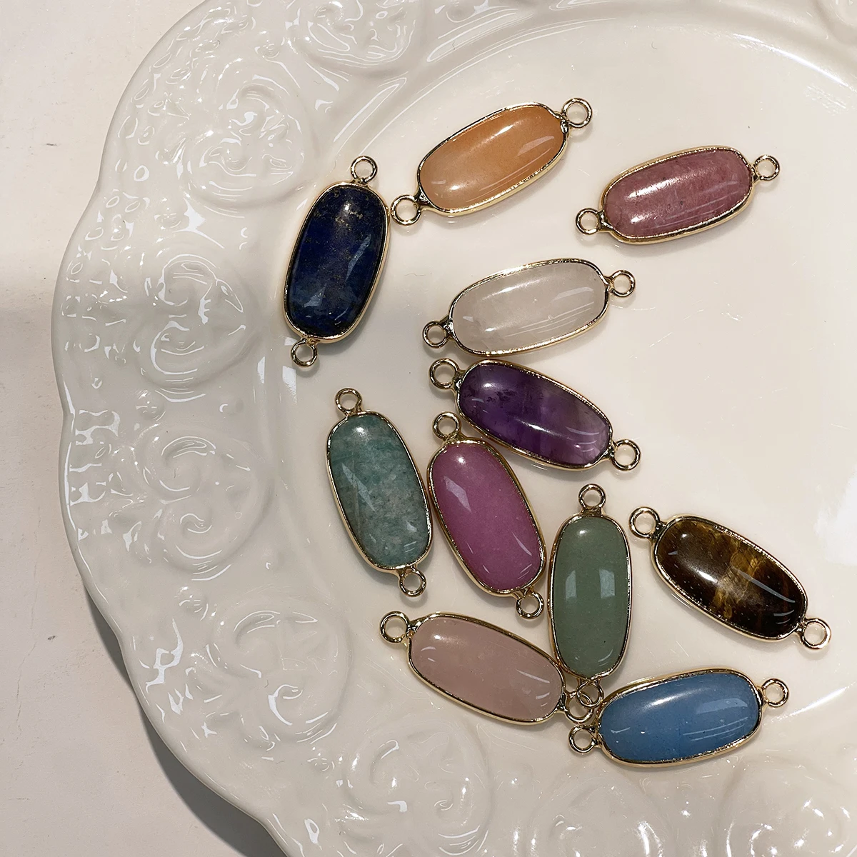 5PCS/Set 11x30mm Oval Connector Pendant Random-Colored Natural Crystal Quartz Charms for Jewelry Making DIY Necklaces Bracelets