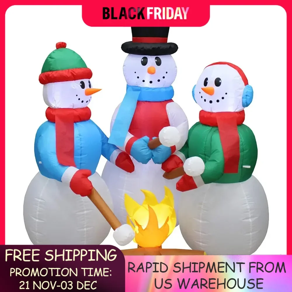 5 Foot Huge Christmas Inflatable Snowman Campfire Camping Roasting Marshmallows LED Lights Outdoor Indoor Holiday Decorations