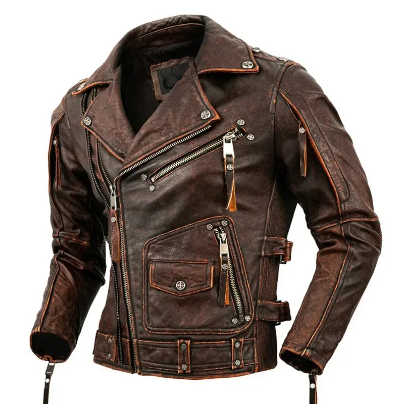 Motorcycle Cowhide Genuine Leather Jacket Men Slim Stone Milled