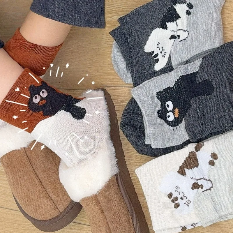 

1-4 пары носков с кошачьим узором, хлопковые флокированные удобные для женщин, всесезонные дышащие повседневные забавные носки в стиле животных