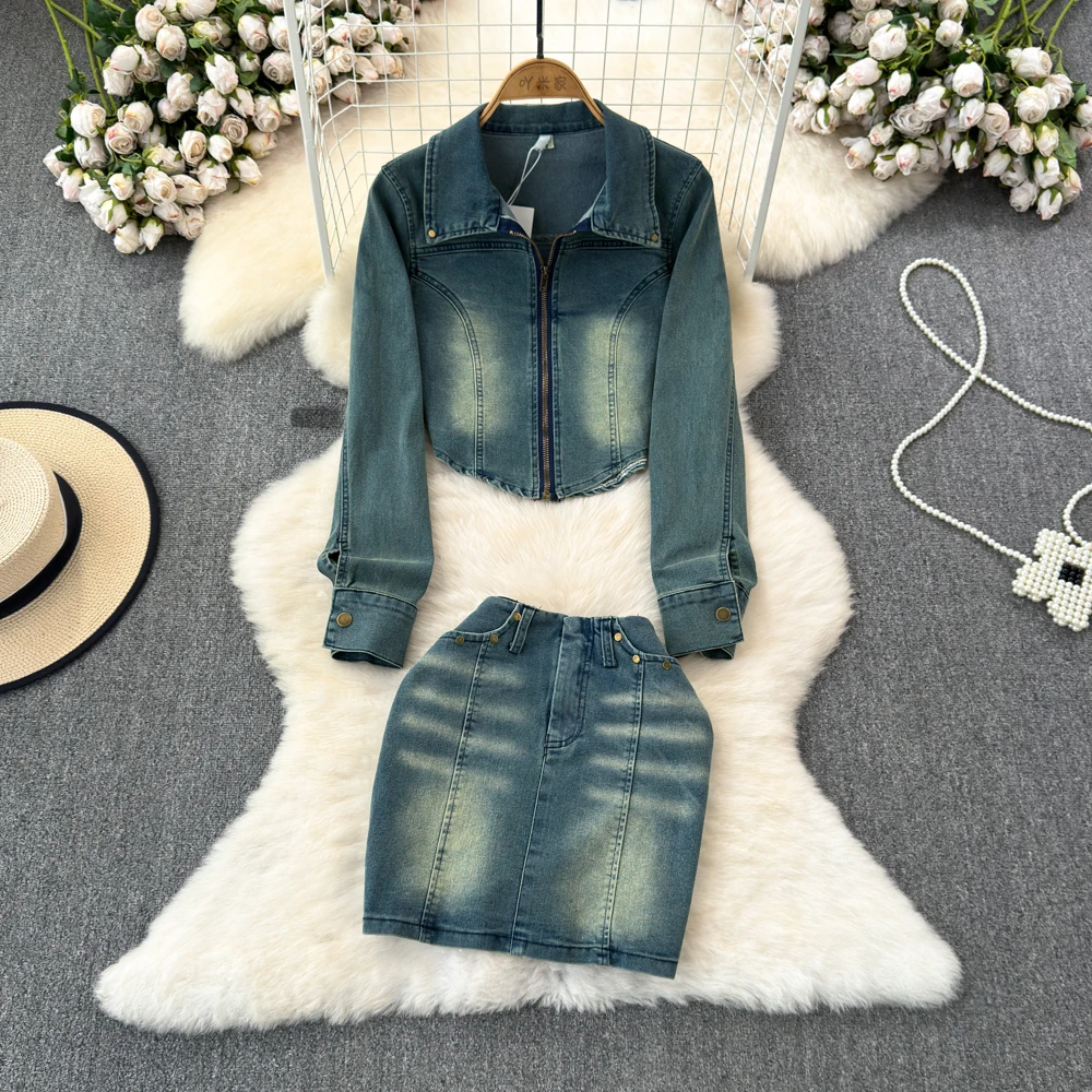 

Women Jeans Jackets Set Retro Long-sleeved Turn-down Collar Denim Jacket + high Fanny Pack Hip Skirt Clothing Suits