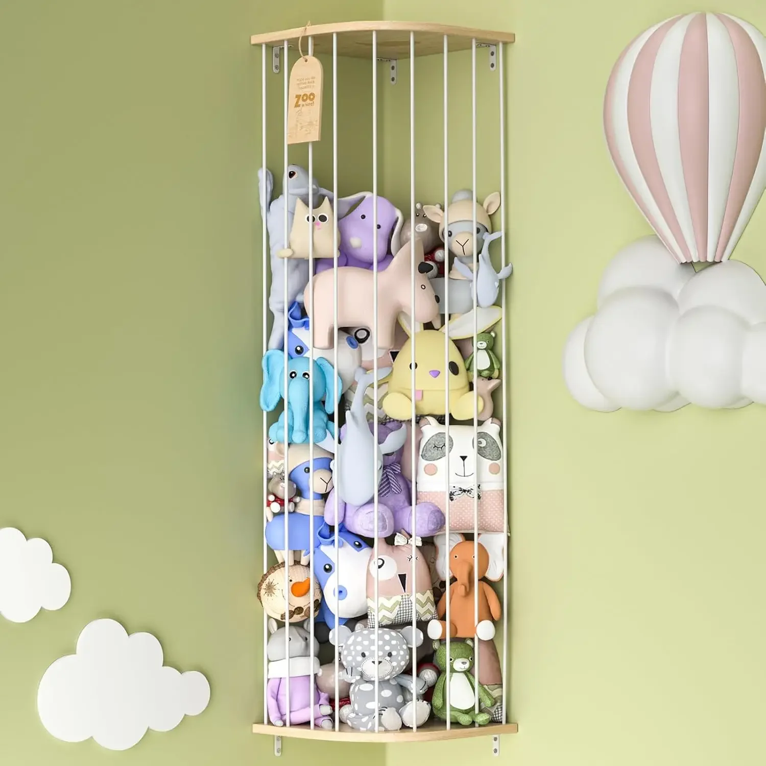 

Large Wood Corner Stuffed Animal Storage - Sky Pattern, Adjustable Toy Organizer for Nursery