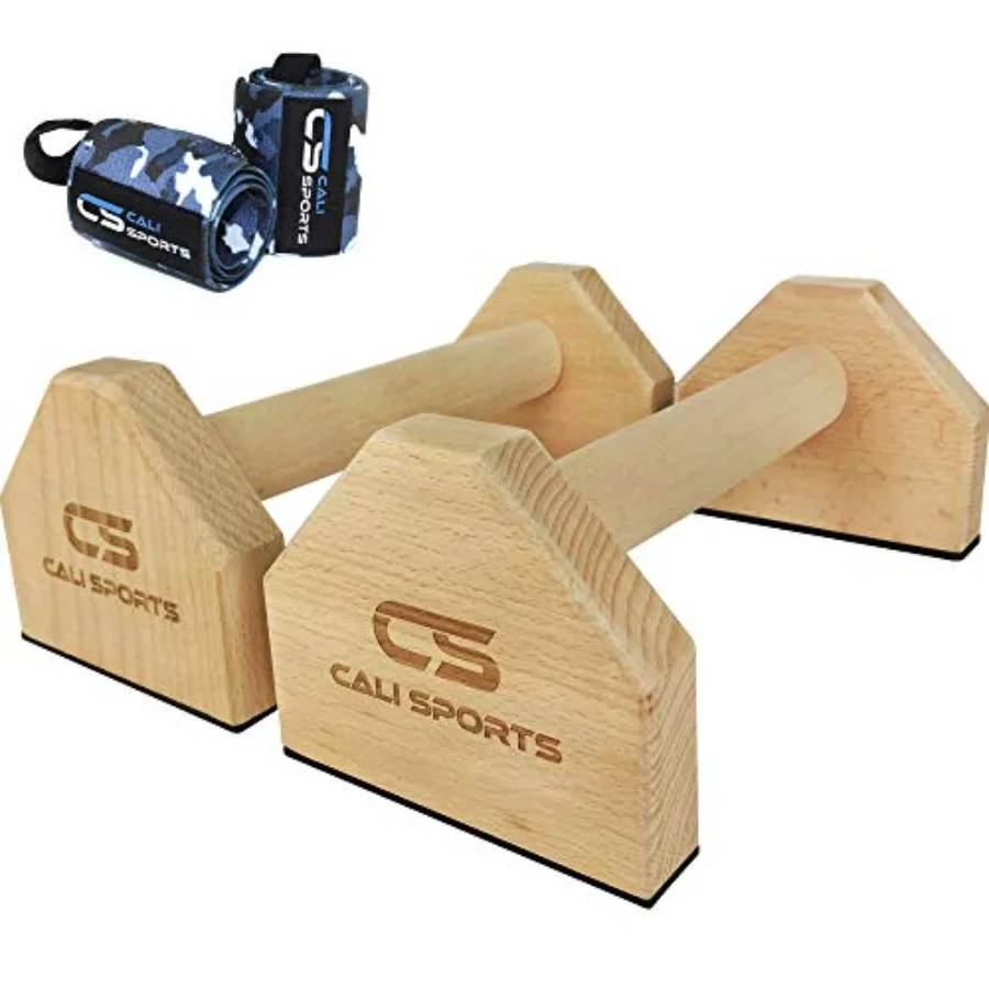 

Calisthenics Wood Parallettes Bars Push Up Bar That Will Not Slip or Wobble Wrist Wraps Included