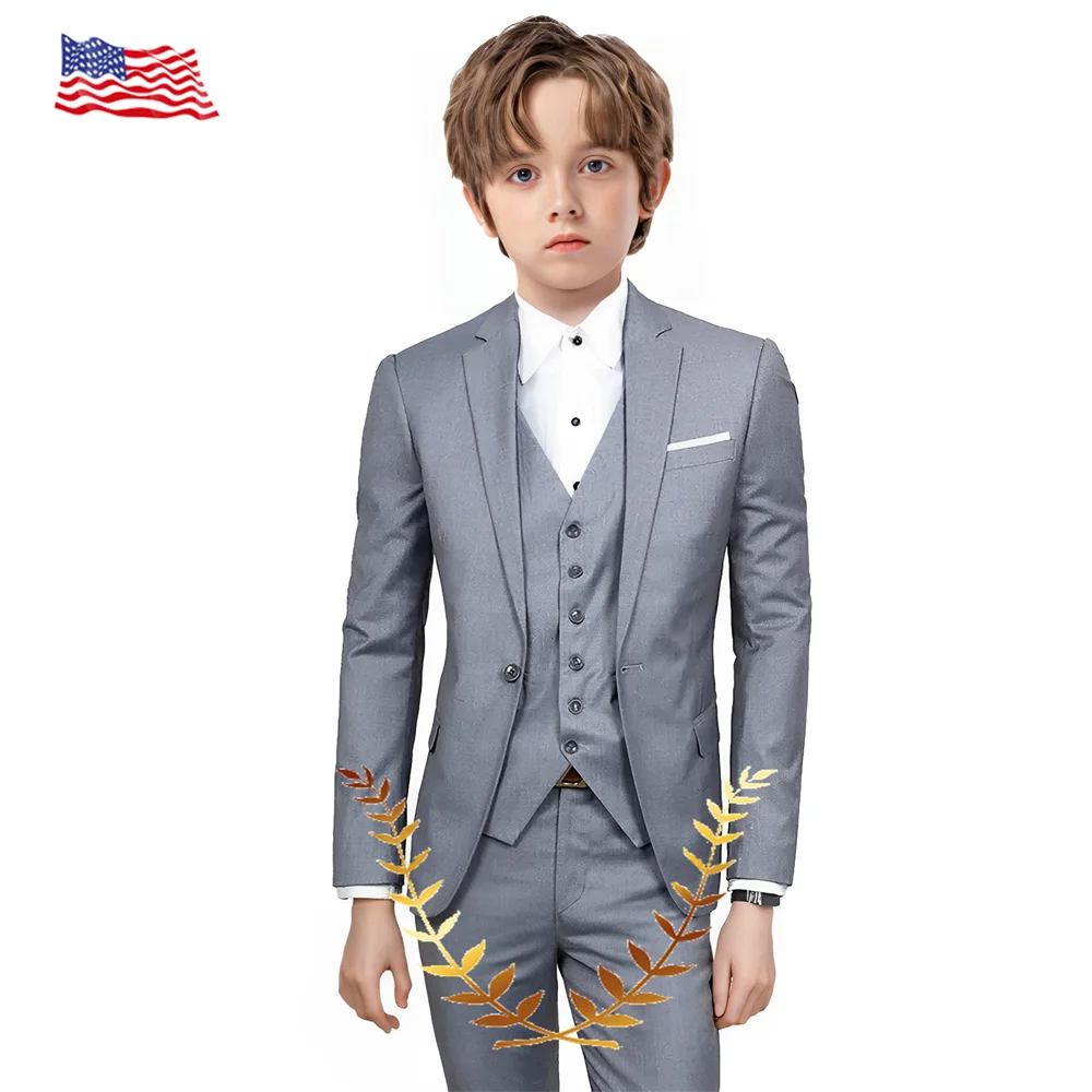 

Light Gray Boys Suit Slim-fit Jacket Pants Vest 3 Piece Set Formal Party Outfit 2-16 Years Old Kid's Wedding Tuxedo