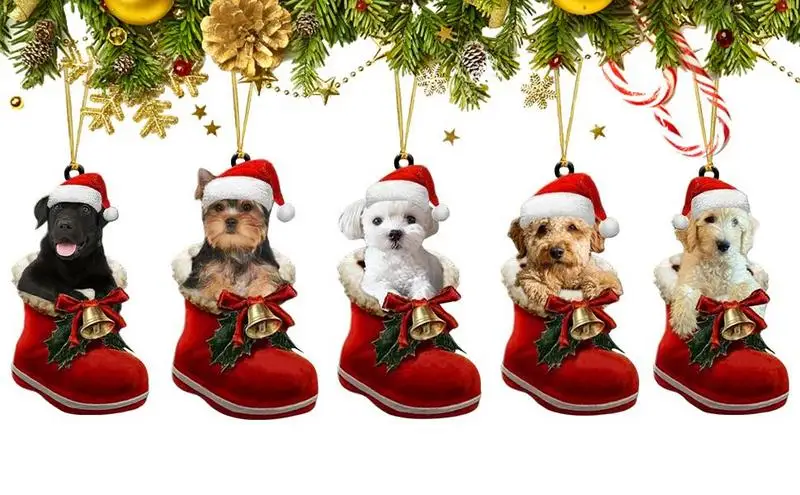 Cute Dog Christmas Tree Pendants 2D Acrylic Christmas Ornaments Hanging Decorations for Car Door Window Xmas Gifts