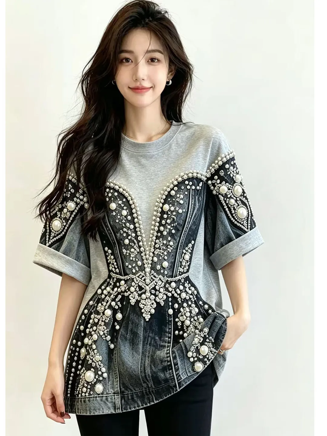 Heavy Embellishment Short Sleeve Women's T-shirt Versatile Summer Fashion Korean Style round Neck Top Glittering Luxury Feel