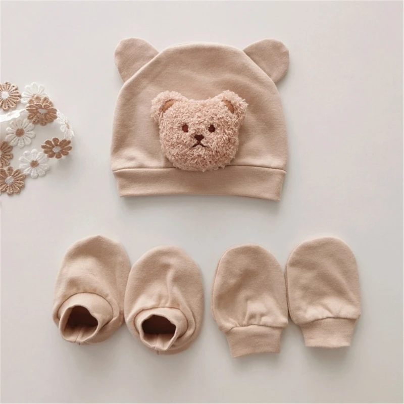 

Cute Bear Baby Hat Newborn Bonnet Gloves Socks Set Beanie Hats Ear Shape New Born Gift Photography Props Infant Accessories