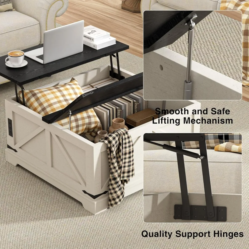 Couchtisch mit Stauraum, 31,5 W Farmhouse Lift Top Holz quadratischer Mitteltisch mit Ladestation, rustikale Cocktailtische mit