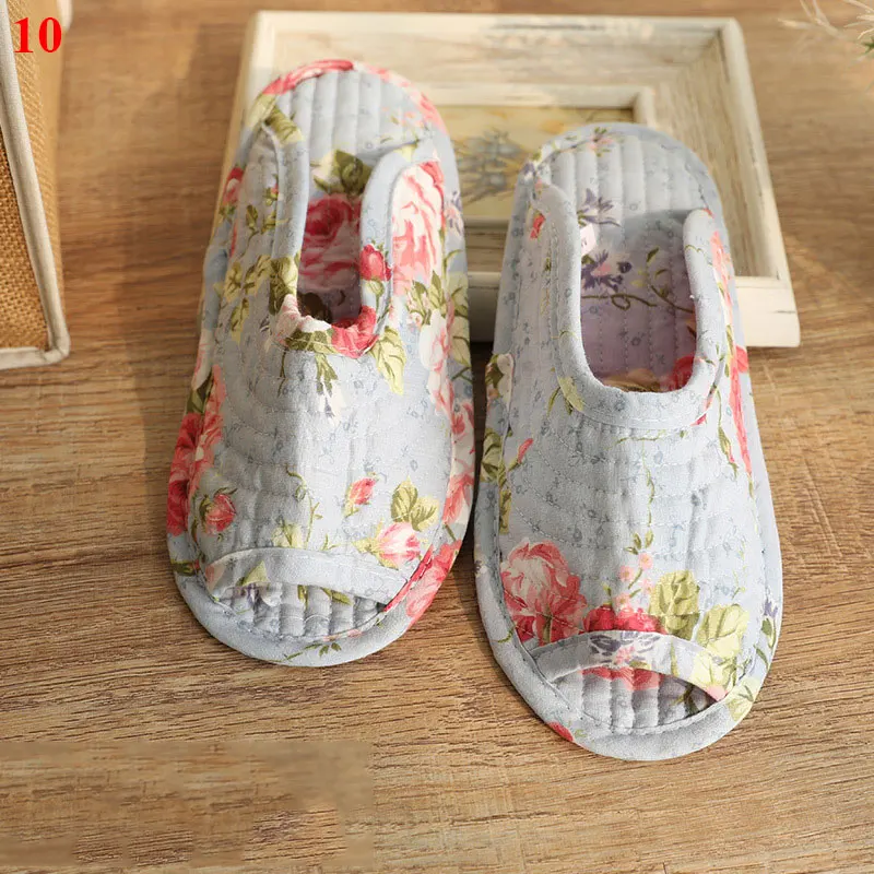 Vintage Floral Home Shoes Slippers Women Cotton Fabric House Slipper Sewing Comfy Flat Shoes Indoor Soft Travel Korean Style