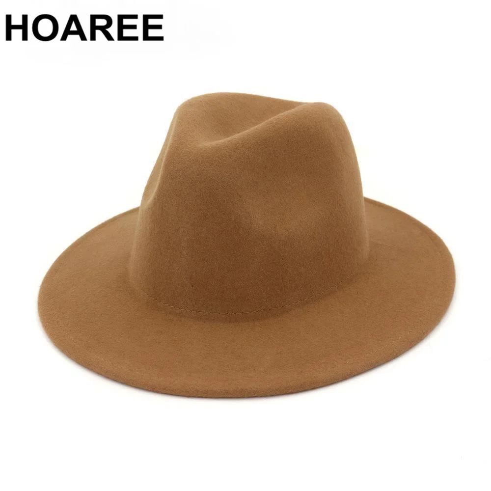 

100% Wool Wide Brim Felt Fedora Hat Solid Khaki Church Derby Top Hat Solid Men Women British Style Jazz Cap Woolen High Quality