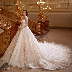 Alonlivn Wholeall Bling Lace Sweetheart A-Line Wedding Dresses Beading Pearls Embroidery Full Sleeves Bridal Gowns