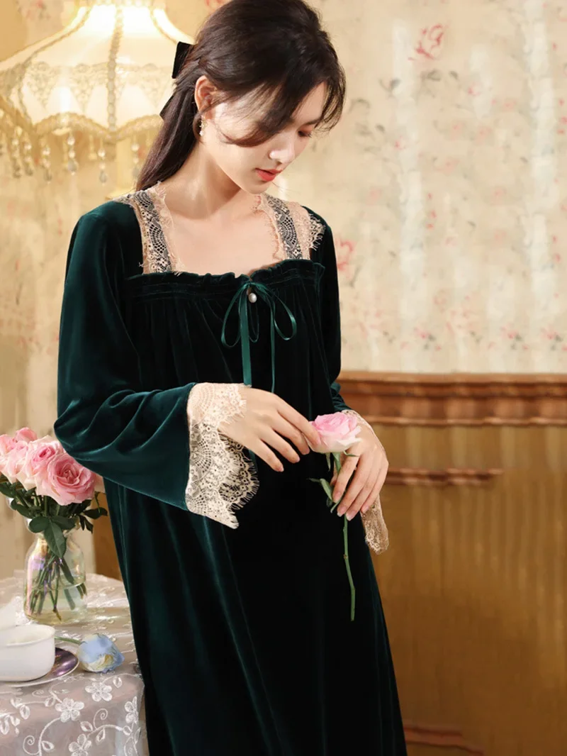 Women Autumn Winter Velour Victorian Ruffles Lace Long Sleeve Robe Vintage Princess Nightgowns Femme Night Dress Loose Sleepwear