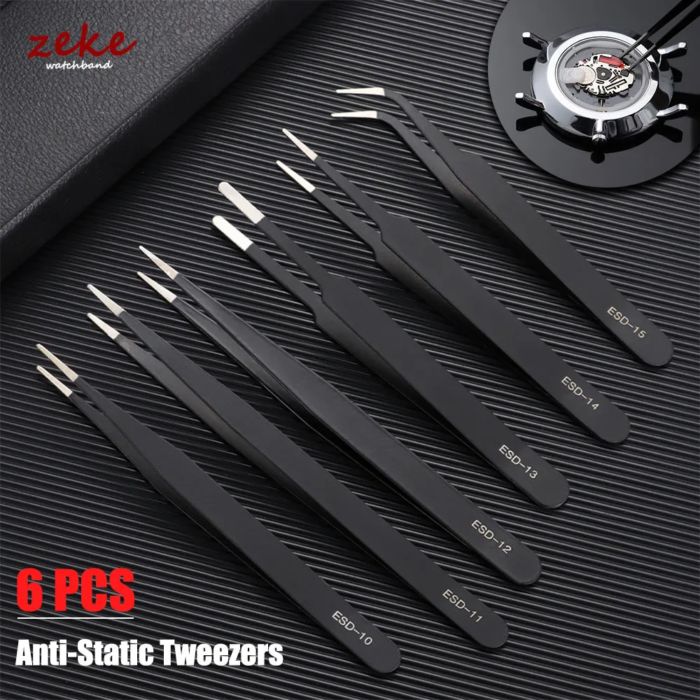 6pcs Anti-Static Stainless Steel Tweezers Precision Maintenance Industrial Repair for Watchmaker Curved Hand Tool Accessories