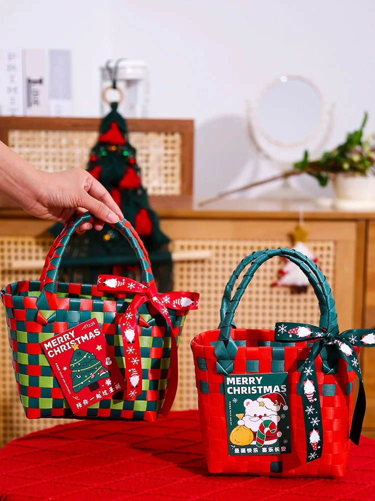 Merry Christmas Candy Storage Basket Handbag Gift  Rattan Basket Travel Picnic Beach Shopping Bag Rattan Fruit Basket