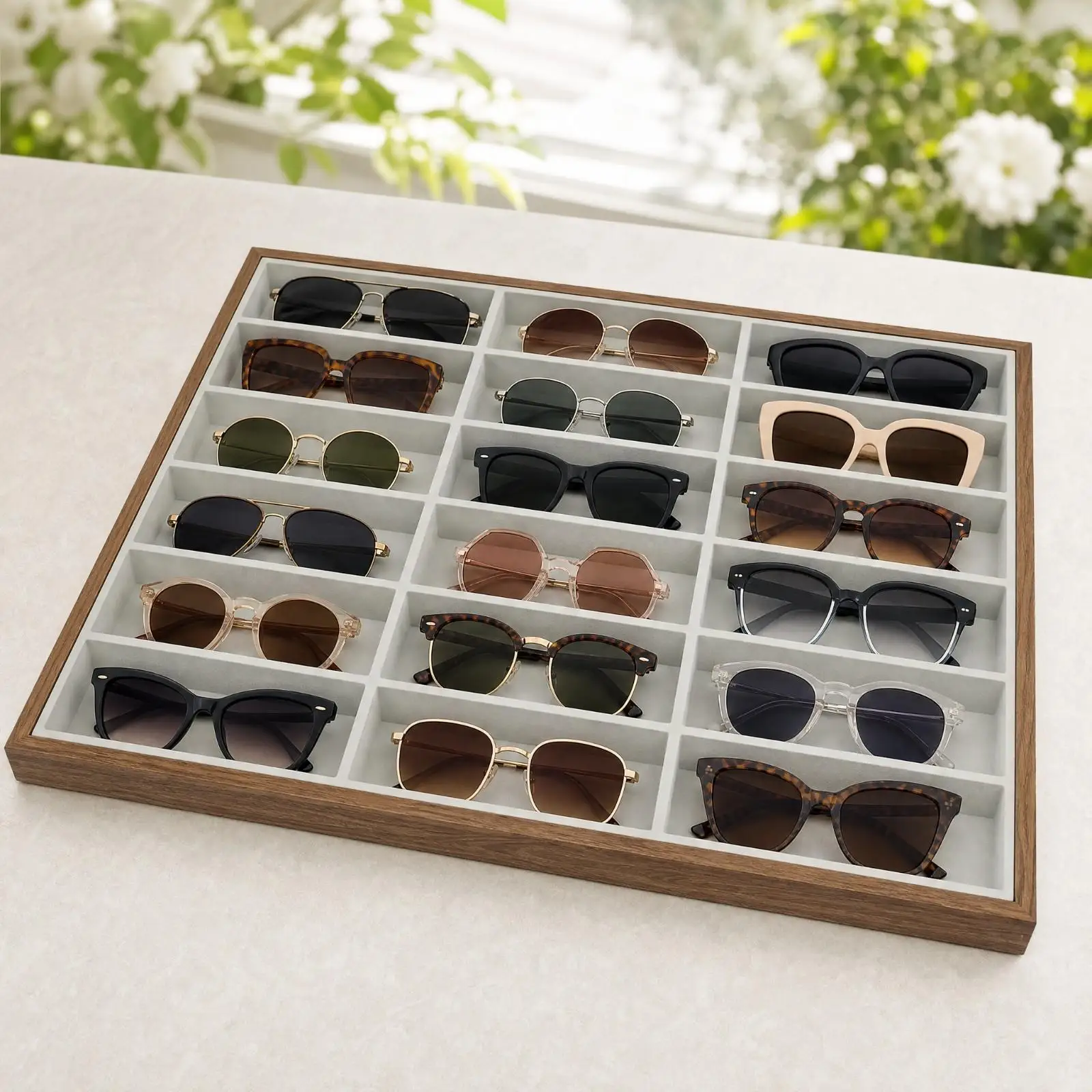Wooden Sunglasses Display Tray 18 Compartment Felt Bottom Organizer Rack for Eyeglasses Retail Counter Showcase Boutique Storage