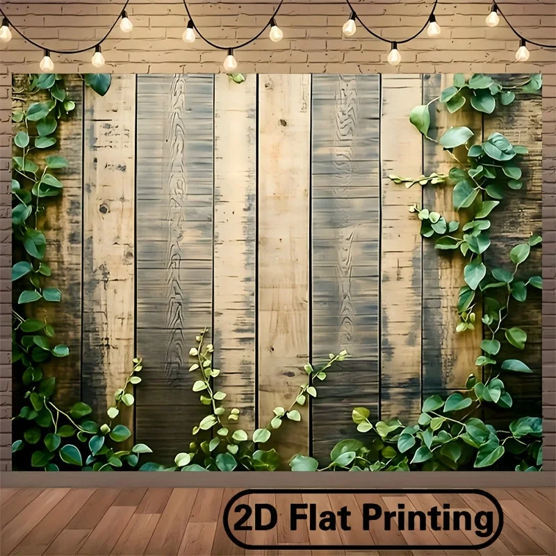 2D-Flachbanner – Partybanner aus Polyesterfaser – Wand- und grünes Pflanzenmuster aus Holz – geeignet für Heimdekoration und Partys