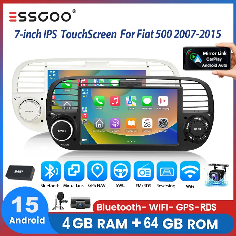 ESSGOO Autoradio Android15 7" 4+64 GB für Fiat 500 2010-2015 Touchscreen GPS Navigation Wireless CarPlay Bluetooth RDS WiFi FM RDS CANBUS Mirror Link Android Auto Lenkradsteuerung