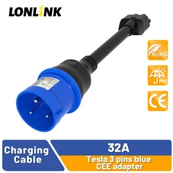 LONLINK Tesla 3pin синий адаптер CEE Tesla Model S,3,X,Y Gen 2 Ev зарядное устройство Удлинительный шнур разъем 240 В выход на 32 А 10 дюймов