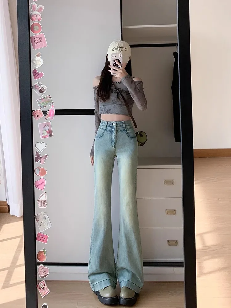 

High Waist Slim Fit Jeans Women's Spring 2024 New Style Light Blue Elastic Bell Bottom Pants Long Trousers Denim Fabric