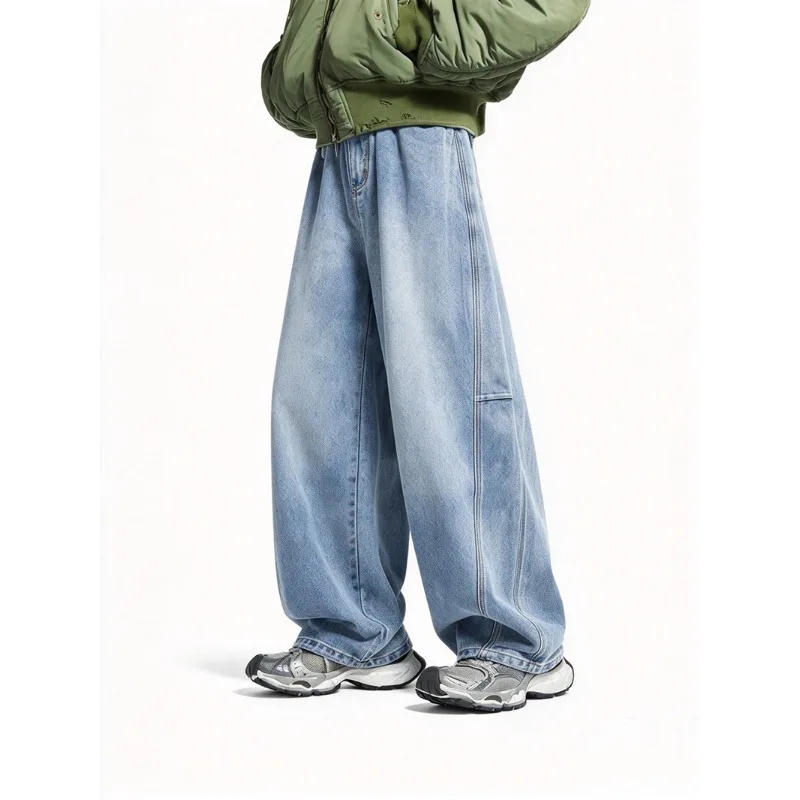New Mens Baggy Wide Leg Cargo Denim Pants, Autumn Vintage Washed Loose Fit Jeans, Side Pocket Street Casual Long Trousers